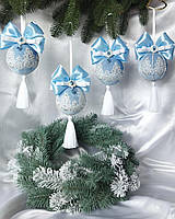 Набір новорічних іграшок блакитний+білий зі стразовим декором