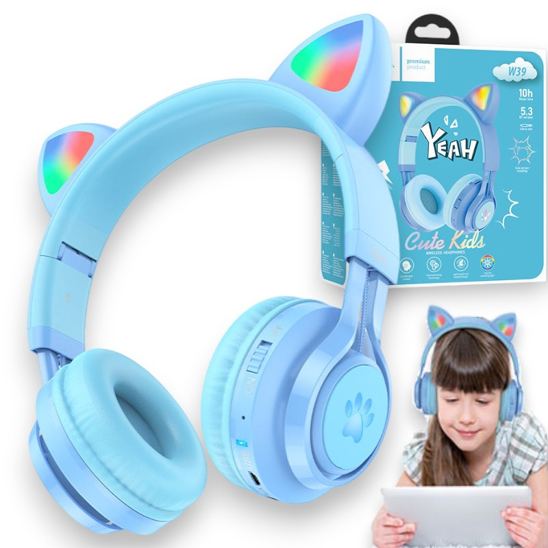 Бездротові Bluetooth навушники BIG HOCO W39 дитячі навушники з вушками та LED підсвічуванням, блакитні