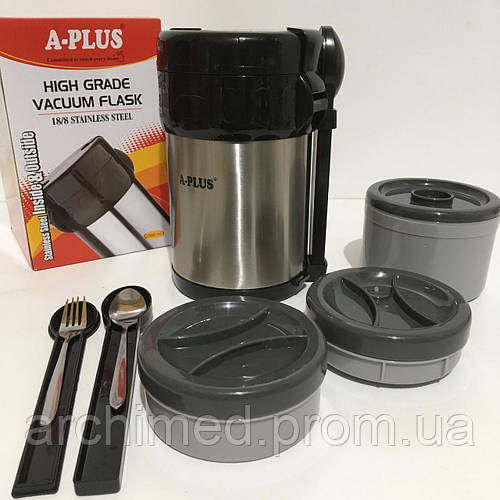 Термос пищевой A-plus с 3-мя судочками внутри и ложка с вилкой 22х13см ...