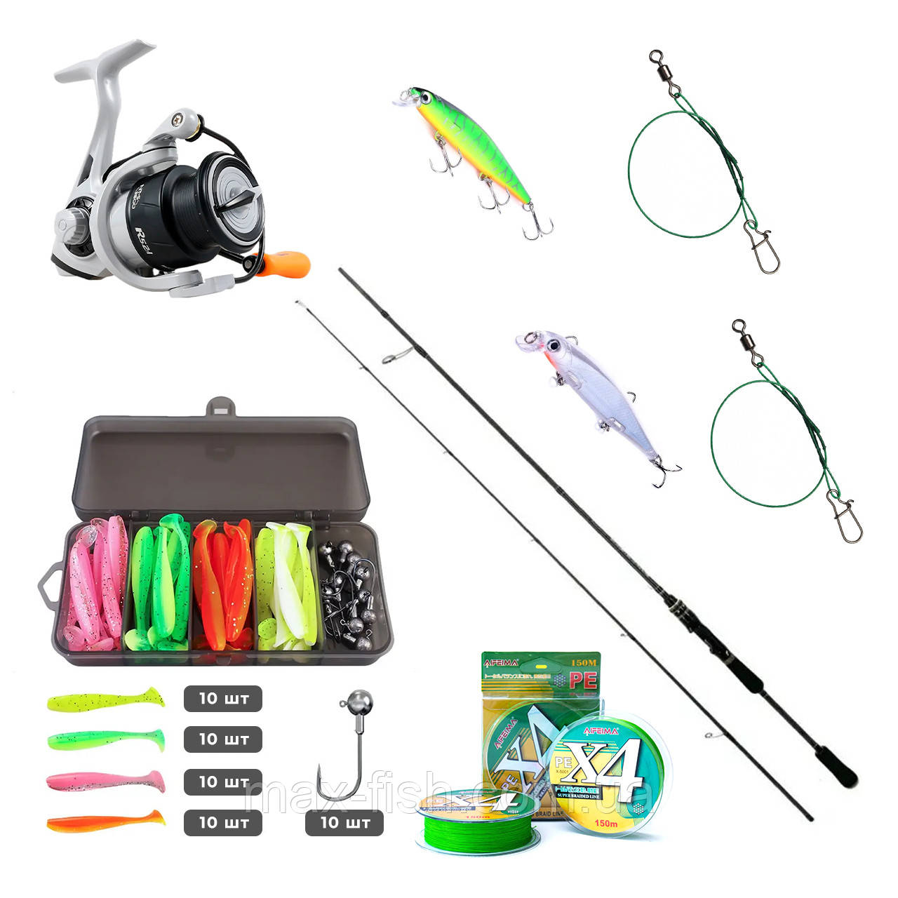 Спінінговий набір Black Fox Inspire 2,13 м+Котушка MR Reel NT-S+Шнур Feima+Поводки+Воблери+Твістер приманка
