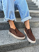 Лофери жіночі замшеві коричневого кольору зимові