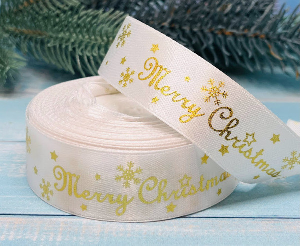 Атласна стрічка 2,5 см Merry Christmas, колір- білий, метр, Білий, фото 1