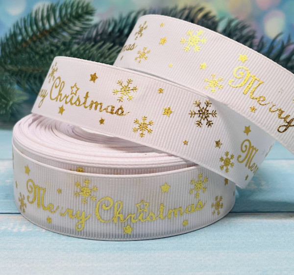 Репсова стрічка 2,5 см Merry Christmas, колір- білий, метр, Білий, фото 1