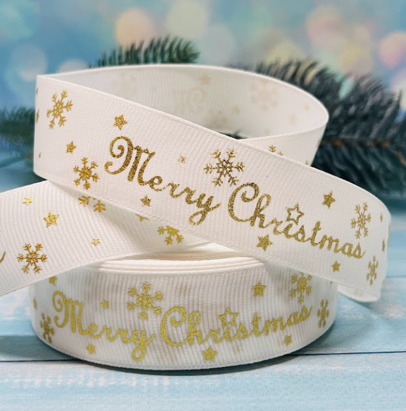 Репсова стрічка 2,5 см Merry Christmas, колір- молочний, метр, Молочний, фото 1
