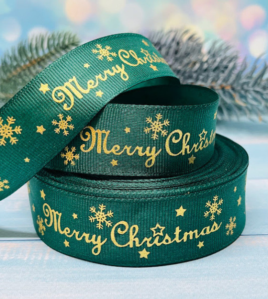 Репсова стрічка 2,5 см Merry Christmas, колір- темно-зелений, метр, Зелений