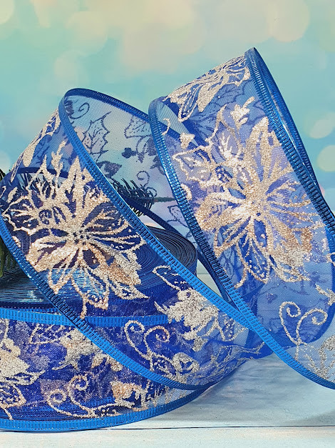 Стрічка Новорічна-органза, ширина 5 см, колір-синій, метр, Синій, фото 1