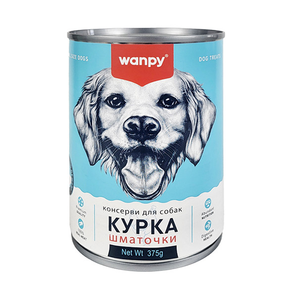 Консерви для собак Wanpy Ванпі Chicken Chunk шматочки вологий корм з куркою банка 375г (TN-01C), фото 1