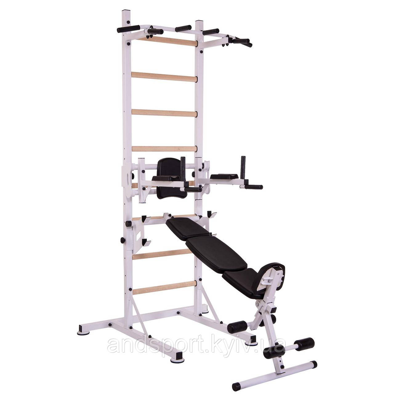Шведська стінка-стійка пересувна з лавою для преса Універсал Wood PRO L-2410 сталь білий Код L-2410