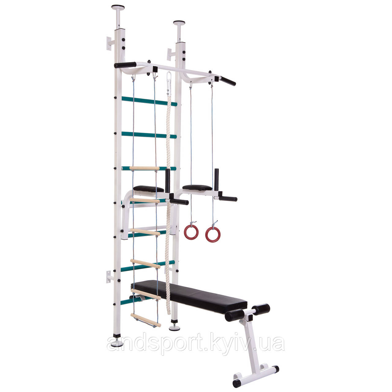 Шведська стінка-стійка з турніком, брусами, лавою для преса і спини SP-Planeta Стойка L-4005 сталь білий Код