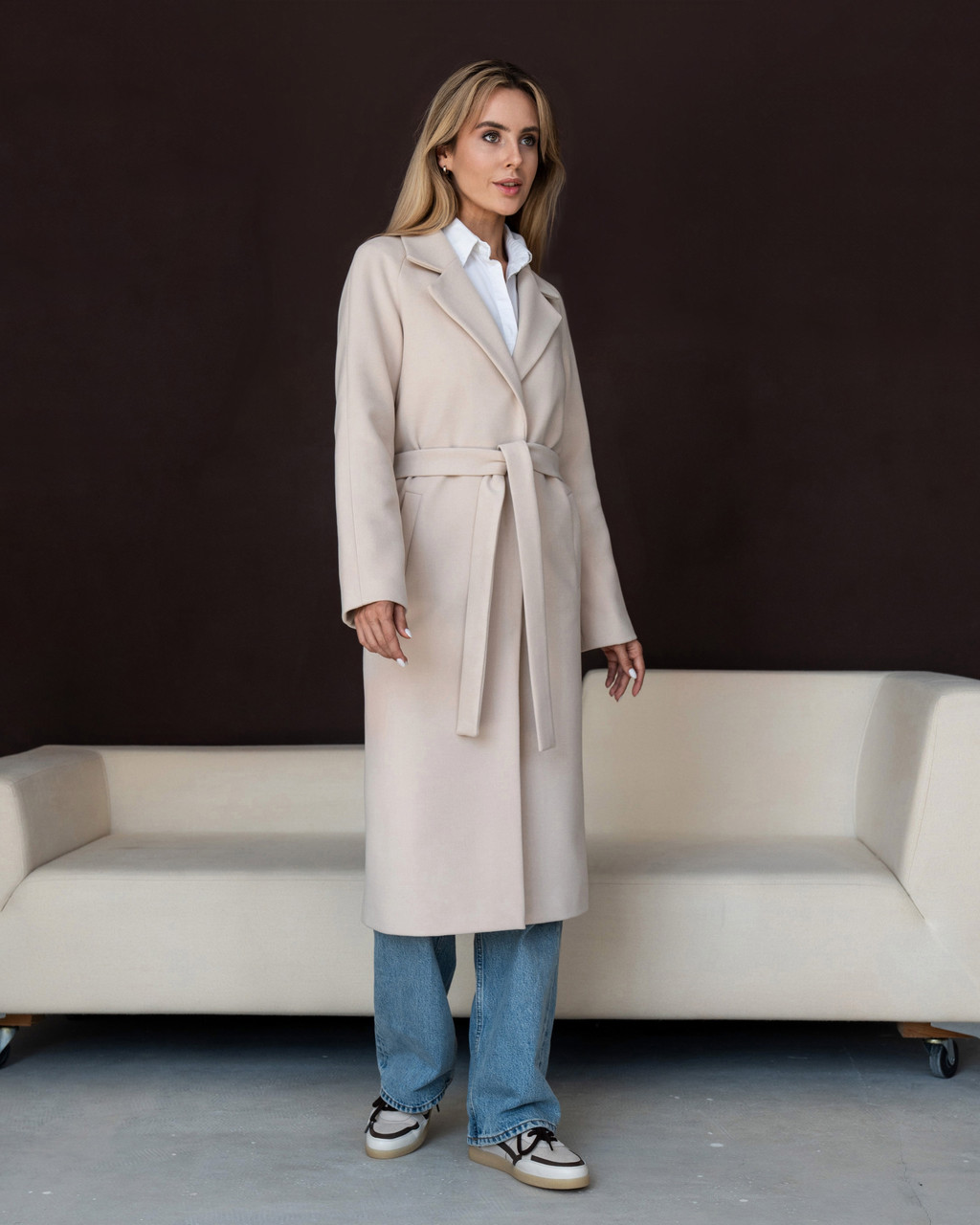 Пісочне кашемірове однобортне тепле якісне довге зимове пальто, фото 1