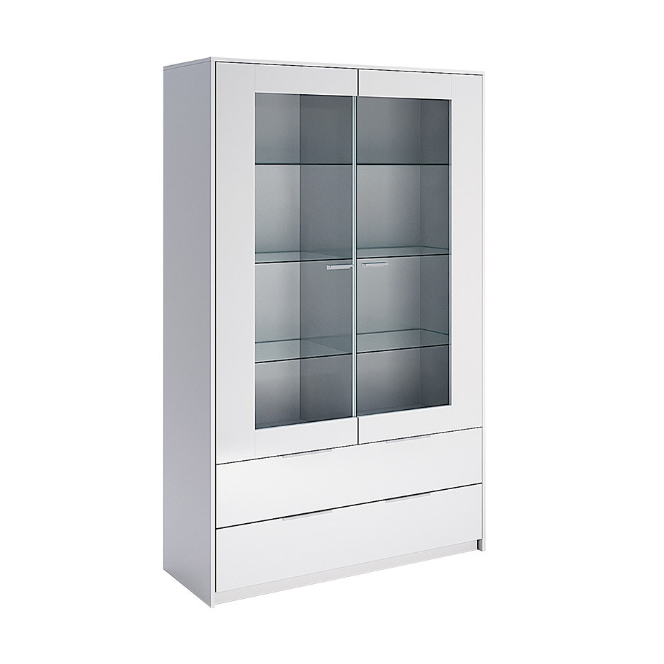 Сучасна скляна шафа вітрина сервант 2Д білий глянець для посуду з шухлядами у вітальню зал Рома Миро-Марк