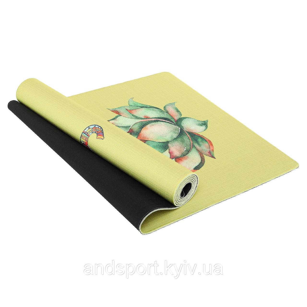 Килимок для йоги Джутовий (Yoga mat) Record FI-7157-6 розмір 183x61x0,3см принт Слон і Лотос Код FI-7157-6