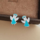 Сережки срібні ангели з блакитною та білою емаллю