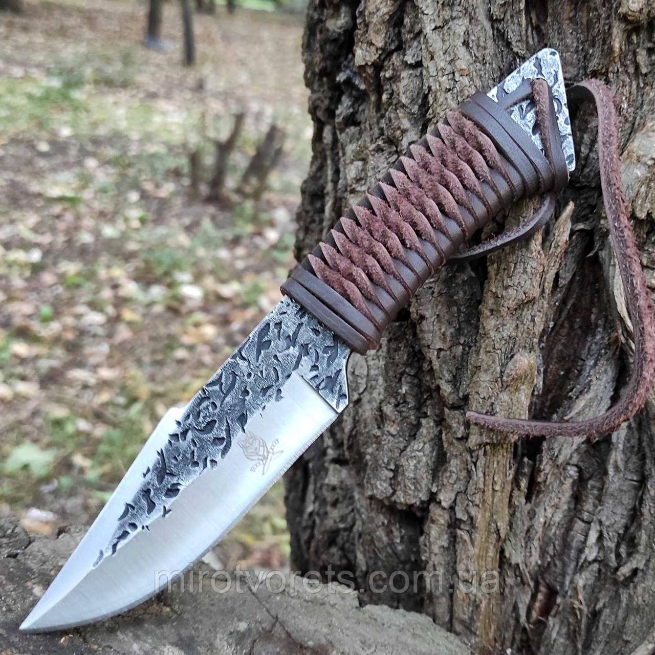 Ніж нескладний кований зі шкіряною обмоткою, чохол зі шкірзам, фото 1