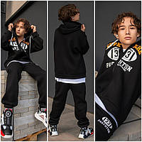 Теплый спортивный костюм для мальчика ПОДРОСТКА кофта - худи на молнии + штаны 9,10,11,12,13 лет черный