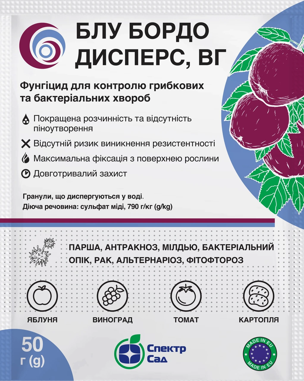 Фунгіцид Блу Бордо Дисперс,  50 г, Спектр сад
