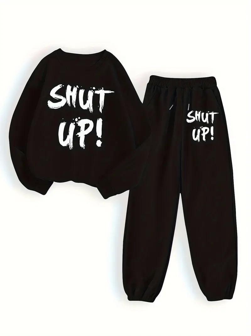 Теплий жіночий костюм штани та світшот з принтом shut up