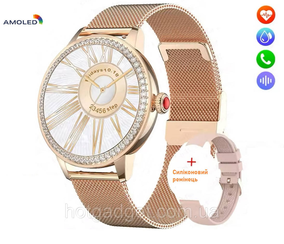 Смарт-годинник жіночий Lemfo WD01 Gold (дзвінки, вимірювання тиску та кисню) Amoled екран, 2 РЕМІНЦЯ