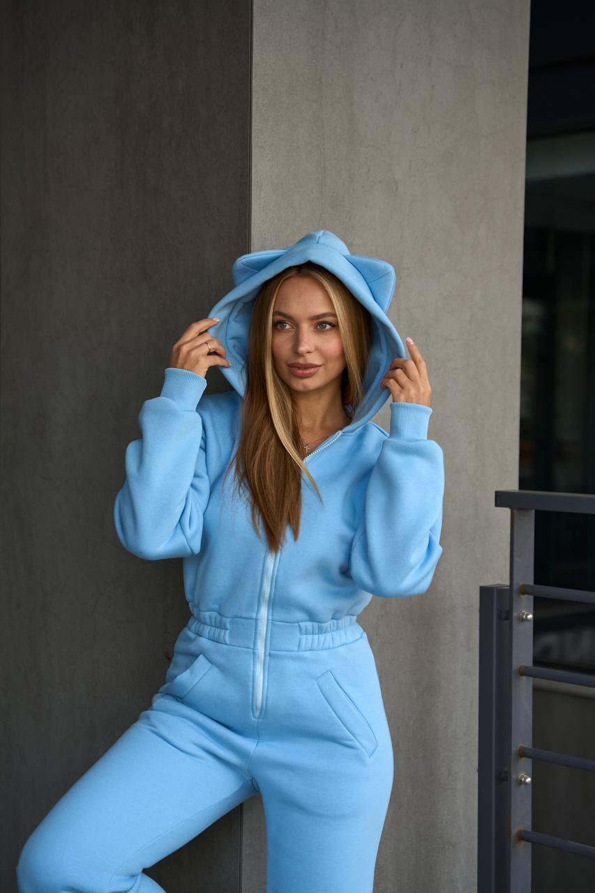 Жіночий зимовий комбінезон блакитний утеплений на флісі з капюшоном, фото 1