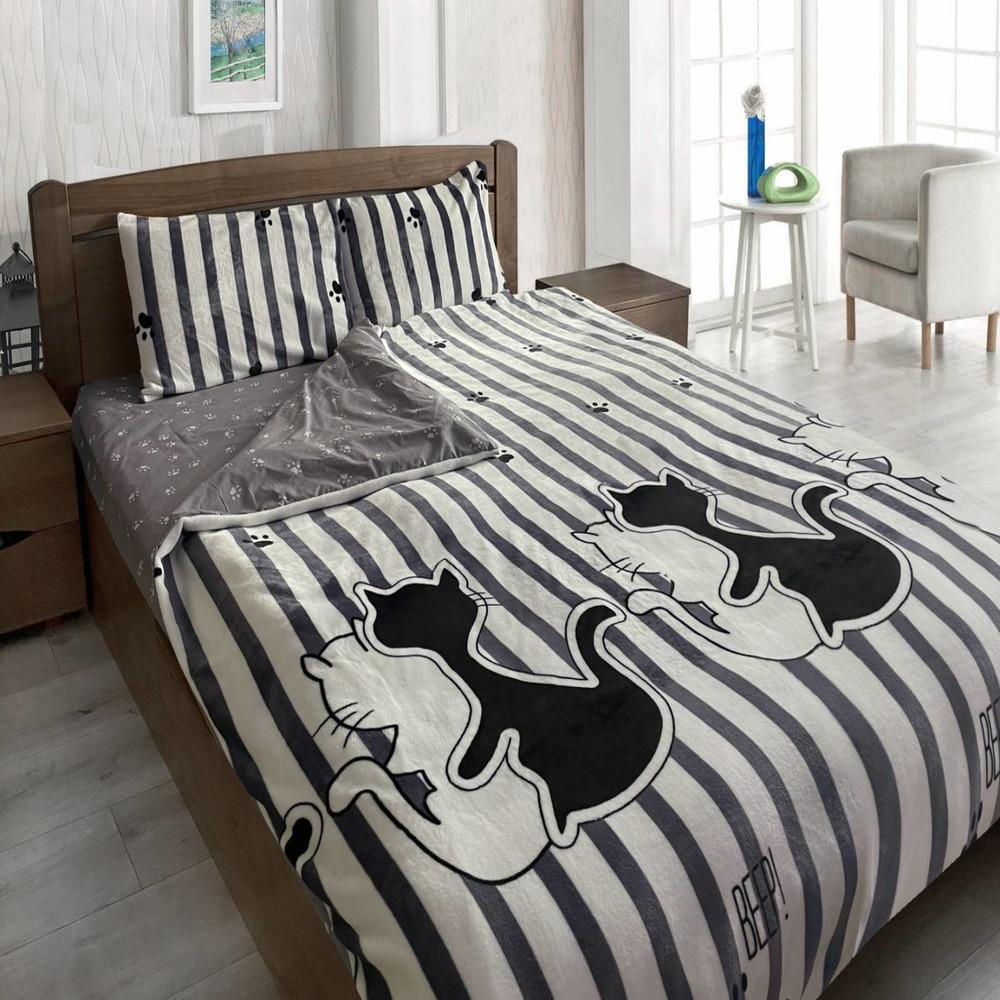 Утеплена постільна білизна Зима-Літо полуторна Закохані коти Мікрофібра + Бязь, фото 1