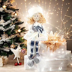 Текстильна Лялька дівчинка новорічна сидяча біла з сірим 40см 327-02В