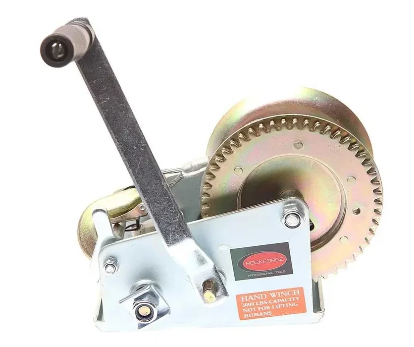 Ручна барабанна лебідка GEAR WINCH 850 кг з тросом 10 м, сталевий трос 4.5 мм, шестерне передавання, гальмо та колодка для під'єму, фото 1