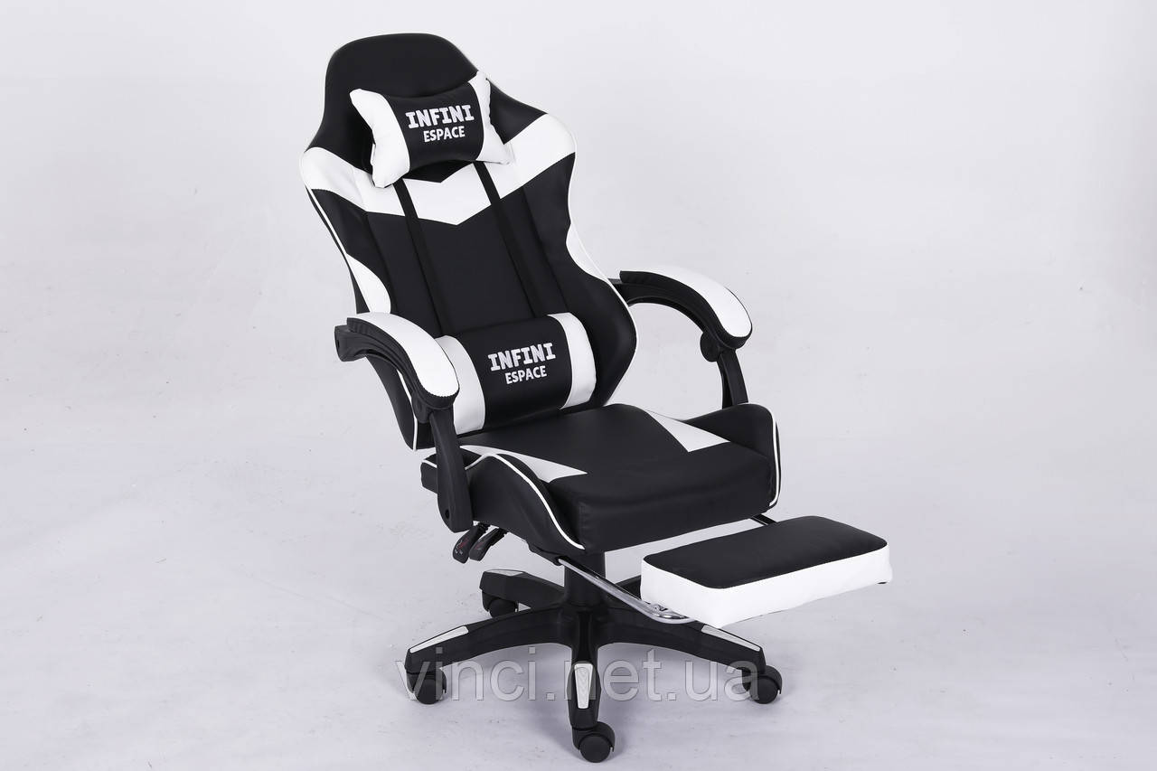 Комп'ютерне крісло з підставкою для ніг + 2 подушки INFINI ESPACE Чорно-біле, фото 1