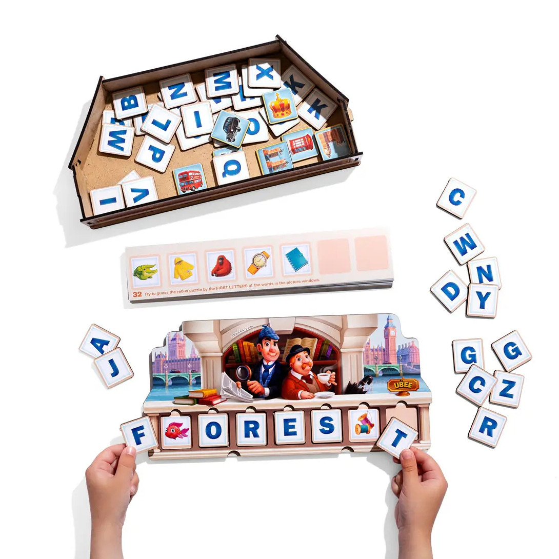 Дерев'яна дитяча розвиваюча гра Ребус англійською мовою Ubumblebees  2+ кор 32*15*5,5 см (ПСД256), фото 1