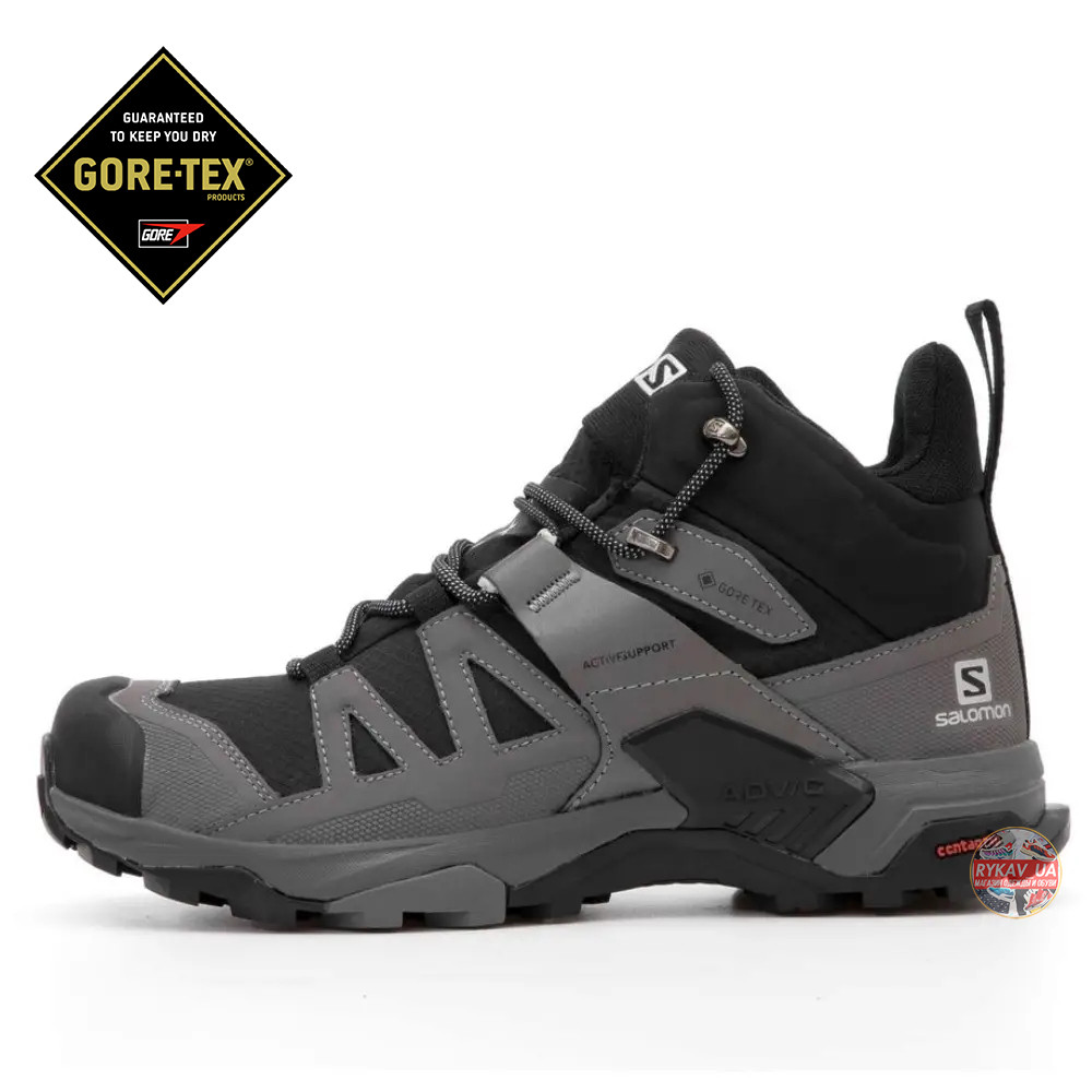 Чоловічі кросівки Salomon X Ultra 4 Mid Wide GTX Gore-Tex Grey Black, чорні черевики саломон ультра 4 гортекс високі