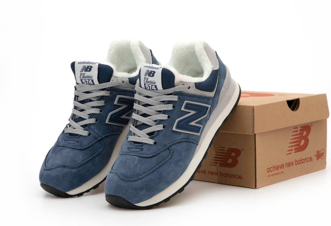 Чоловічі зимові сині кросівки New balance 574 blue winter fur Нью Баланс теплі замша хутро низькі
