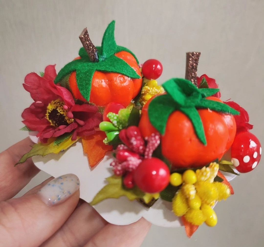 Гарбуз заколка з гарбузом з Гарбузиками Гарбузики заколки Гарбуза Резинки Осінні бантики тыква Свято гарбуза, фото 1