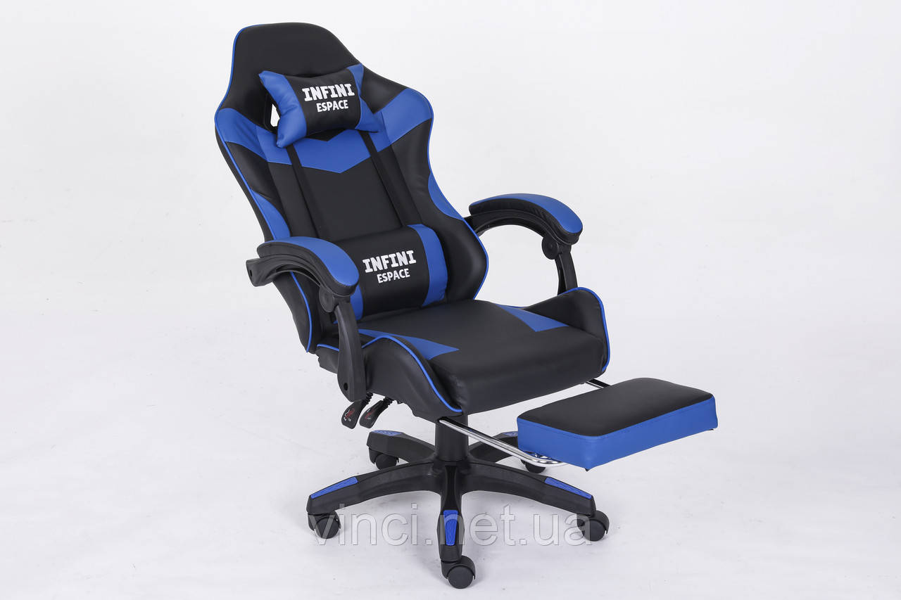 Комп'ютерне крісло з підставкою для ніг + 2 подушки INFINI ESPACE Чорно-синє, фото 1
