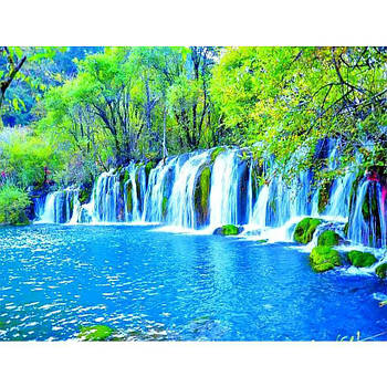 Картина за номерами Водоспади з яскравими зеленими деревами 40х50 RA73524 в коробці з акриловими фарбами