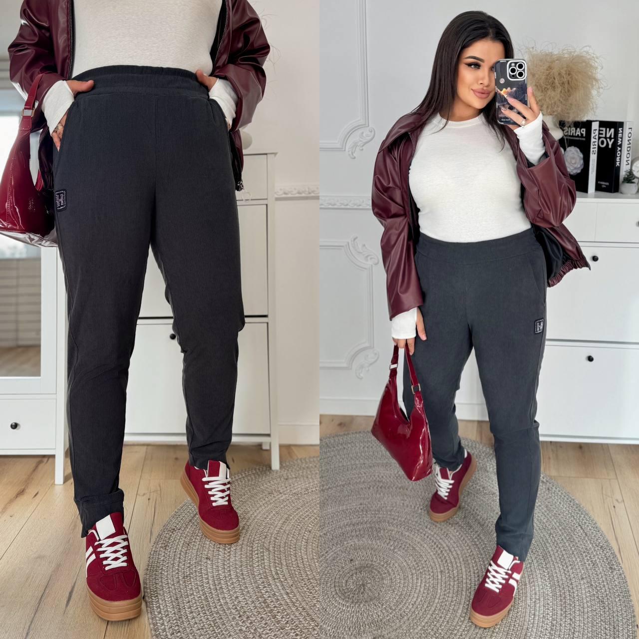 Графітові жіночі вельветові штани на гумці батал, фото 1