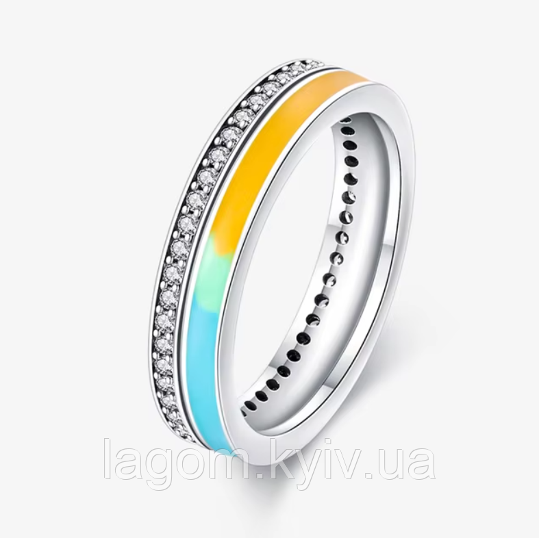Срібна каблучка в стилі Pandora 925 проба жовто-блакитне колечко Пандора