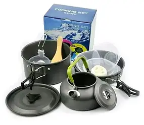 Алюмінієвий кемпінговий набір посуду DS-308 (каструля, сковорода, чайник і столове приладдя)