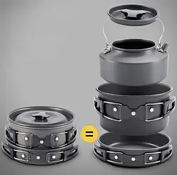 Алюмінієвий туристичний набір посуду GL-31 каструля сковорода чайник і столове приладдя сірий