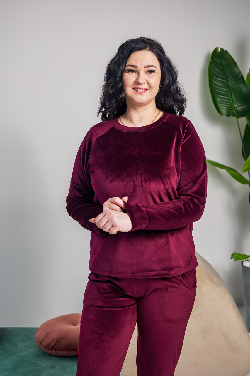 Комплект домашній ВЕЛЮРОВИЙ 2-ка БАТАЛ штани кофта БОРДО 618, фото 1