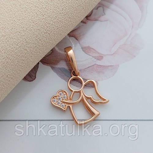 Підвіска золота Ангел із сердечком та білими круглими фіанітами 0.78