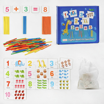 Дитяча математична гра 60374, рахункові палички, пазли, картки з цифрами і знаками від 3х років, фото 1