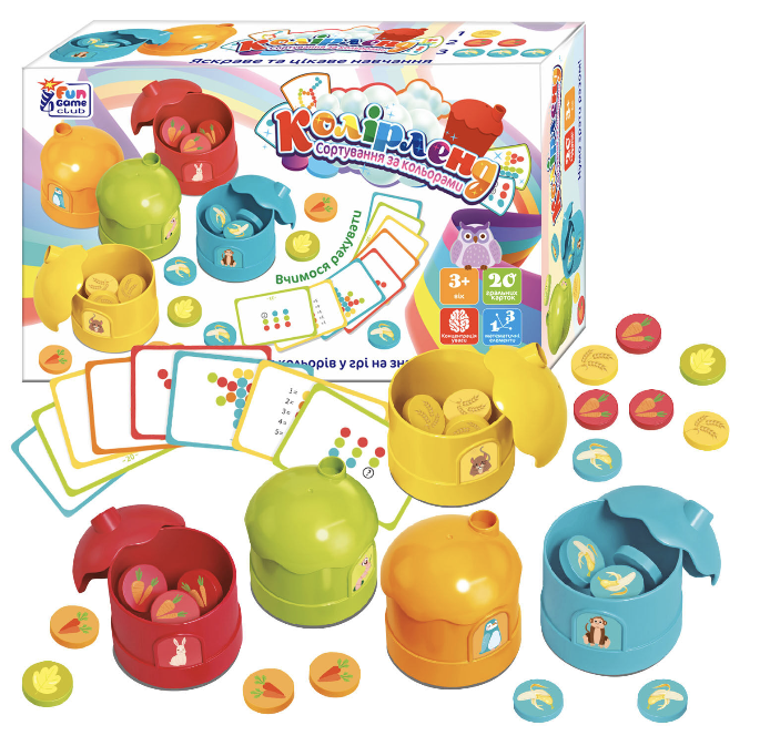 Дитяча навчальна гра "Колірленд" 56703, будиночки, фішки, картки із завданнями, 3+.