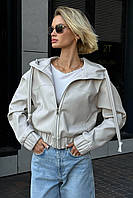 Короткая куртка бомбер из экокожи с Твист бело-серая размеры XS-S M-L XL-XXL