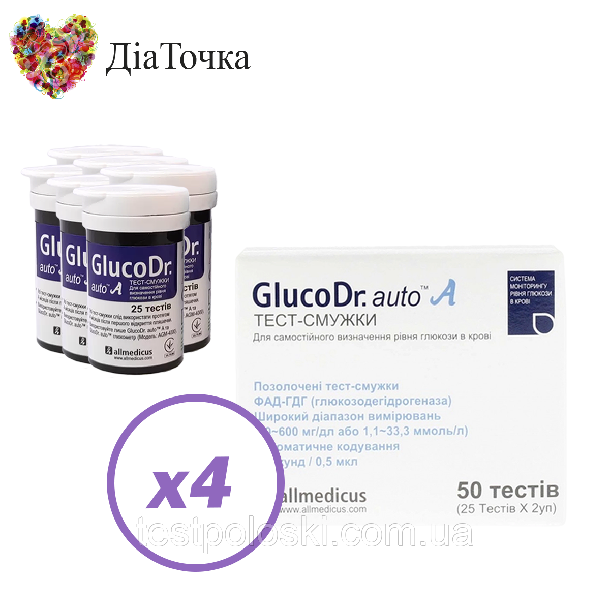 Тест-смужки GlucoDr auto 200 шт. у 8 флаконах по 25 шт. у пакованні