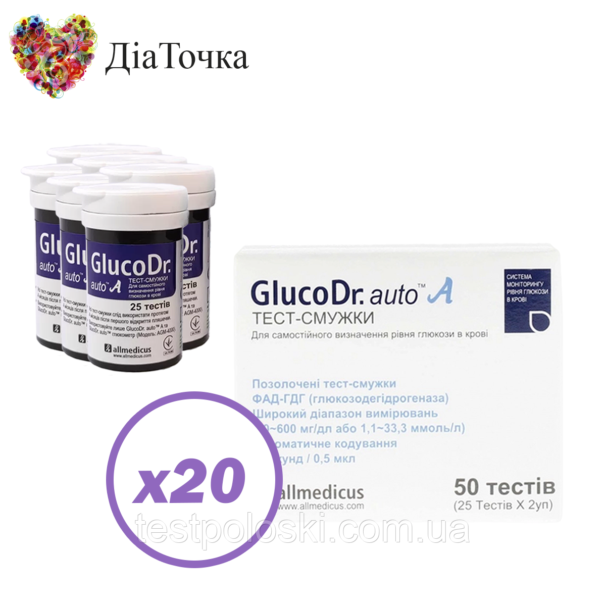 Тест-смужки GlucoDr auto 1000 шт. у 40 флаконах по 25 шт. в пакованні