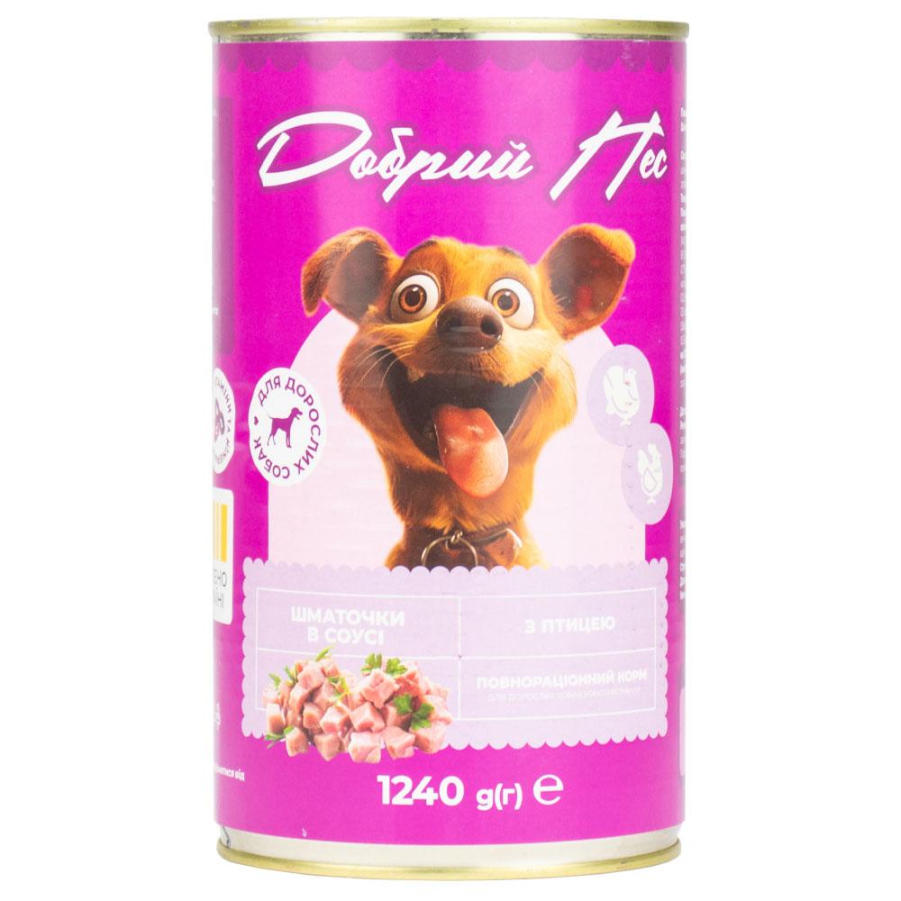 Упаковка консервованого корму для собак шматочки в соусі з птицею "Добрий Пес" 6 шт*1240 г, фото 1