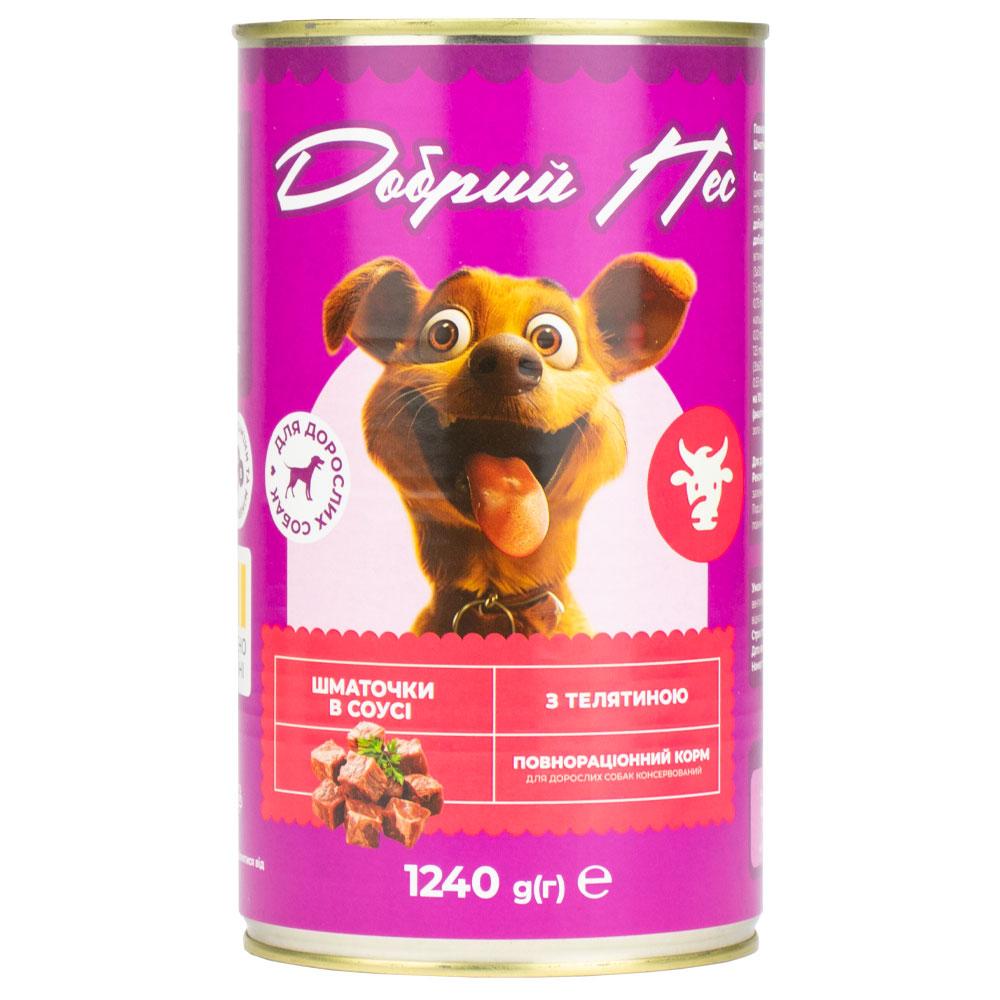 Упаковка консервованого корму для собак шматочки в соусі з телятиною "Добрий Пес" 6 шт*1240 г, фото 1