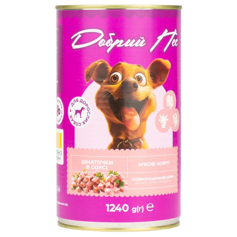 Упаковка консервованого корму для собак шматочки в соусі «М’ясне асорті» "Добрий Пес" 6 шт*1240 г, фото 1