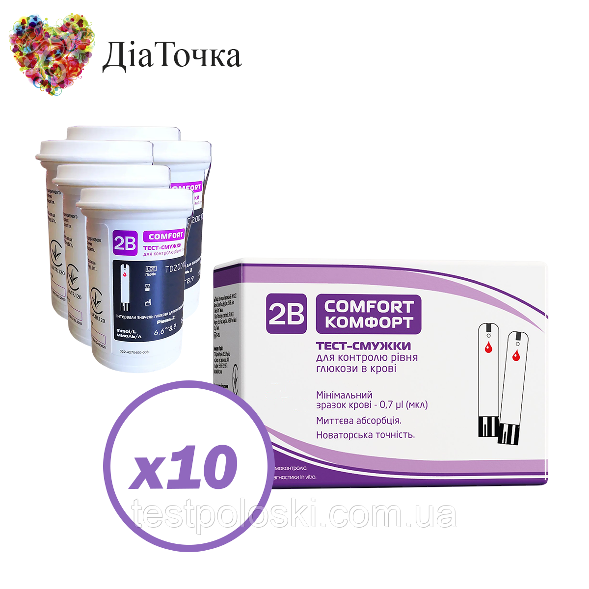 Тест-смужки Тубі Комфорт (2B Comfort) 500 шт. у 20 флаконах по 25 шт. в упаковці