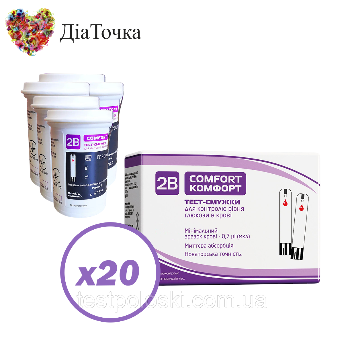 Тест-смужки Тубі Комфорт (2B Comfort) 1000 шт. у 40 флаконі по 25 шт. в упаковці, фото 1