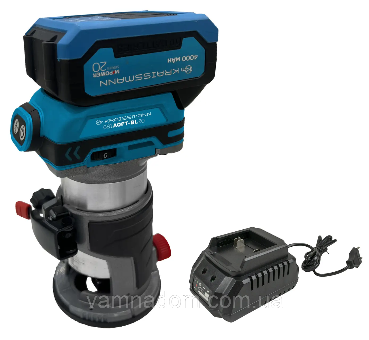 Фрезер-тример акумуляторний KRAISSMANN 681 AOFT-BL 20MP (1 Акумулятор 4 А/год і зарядний, серія MPOWER 20), фото 1